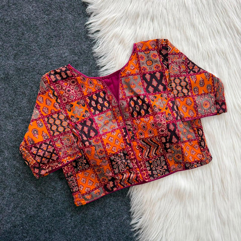 Ajrak Heritage Patchwork Blouse – Mustard & Olive