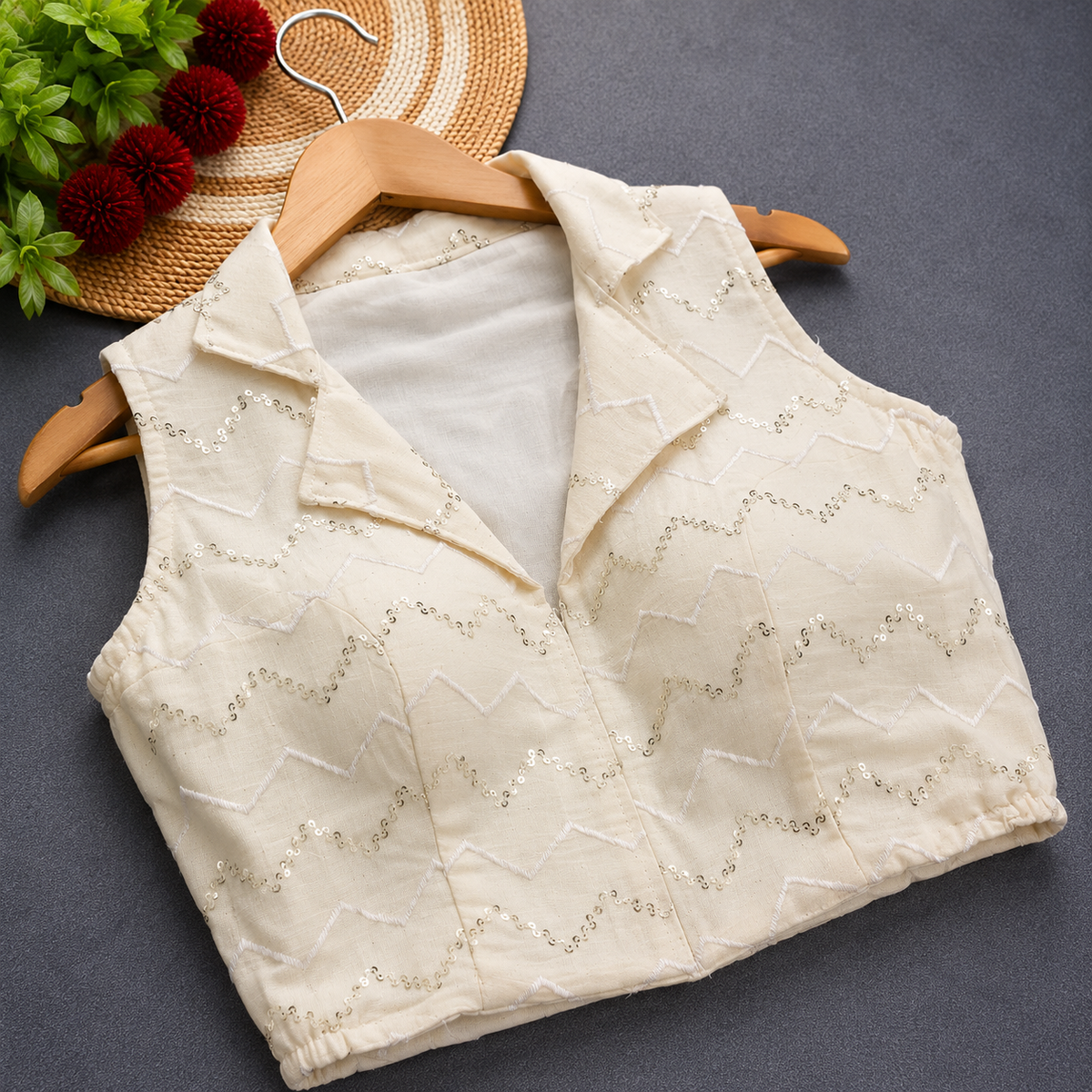 Ivory Zigzag Sequin Embroidered Cotton Blouse