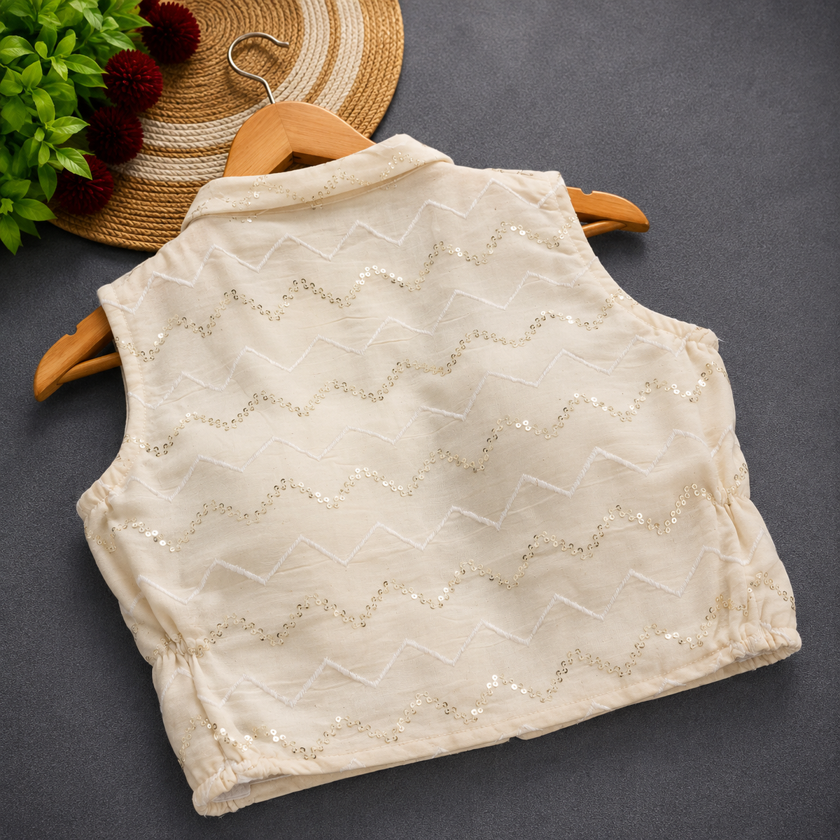 Ivory Zigzag Sequin Embroidered Cotton Blouse