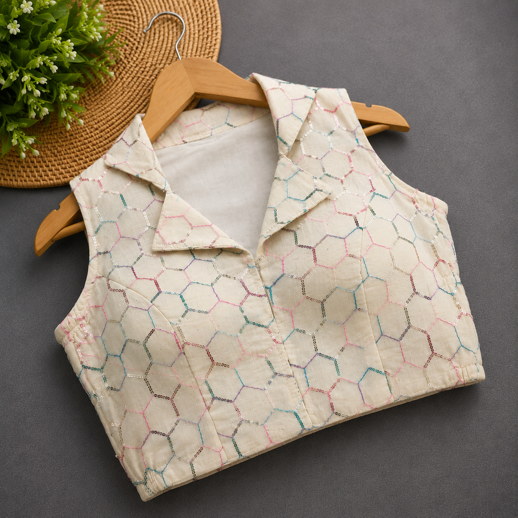 Multicolor Honeycomb Embroidered Cotton Blouse