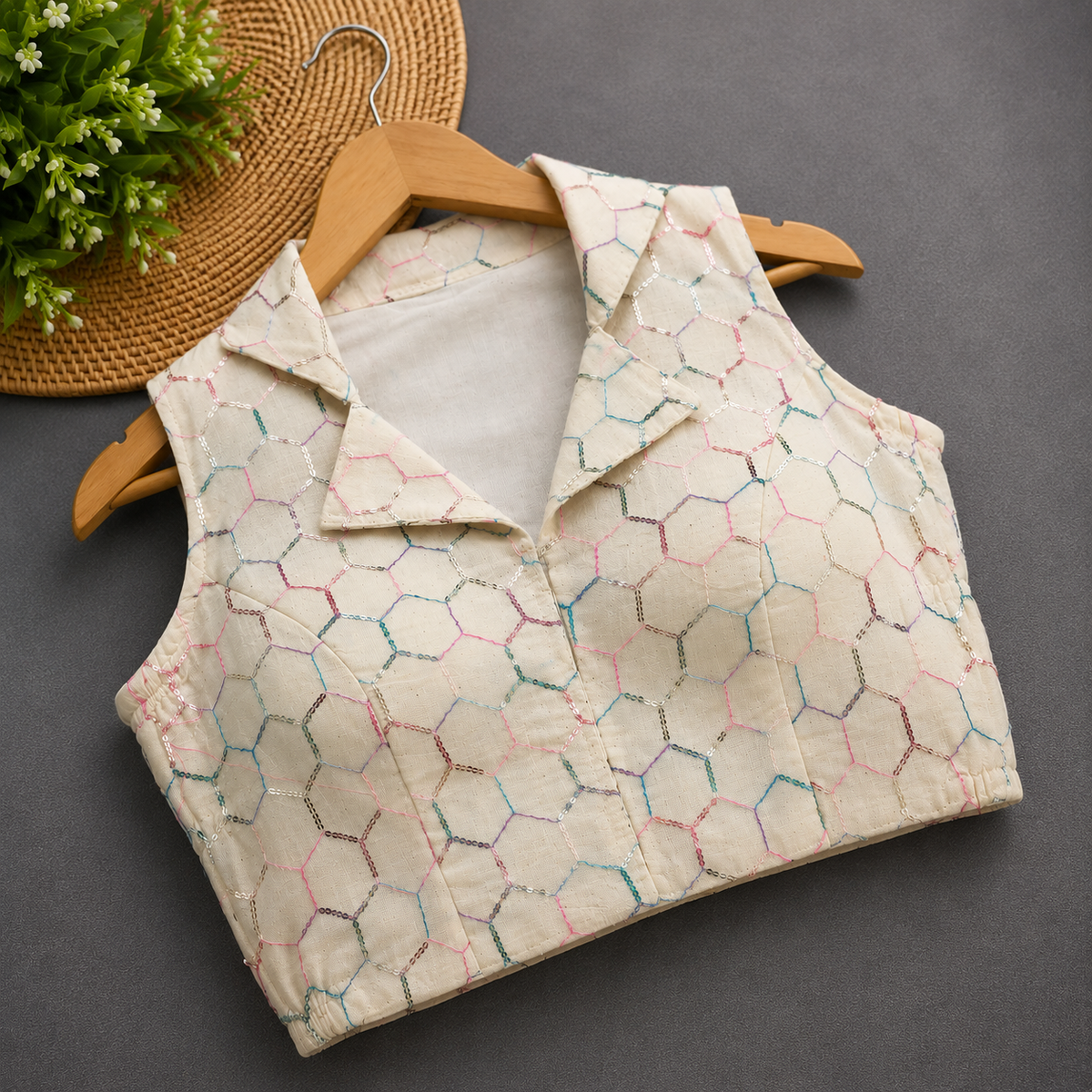 Multicolor Honeycomb Embroidered Cotton Blouse