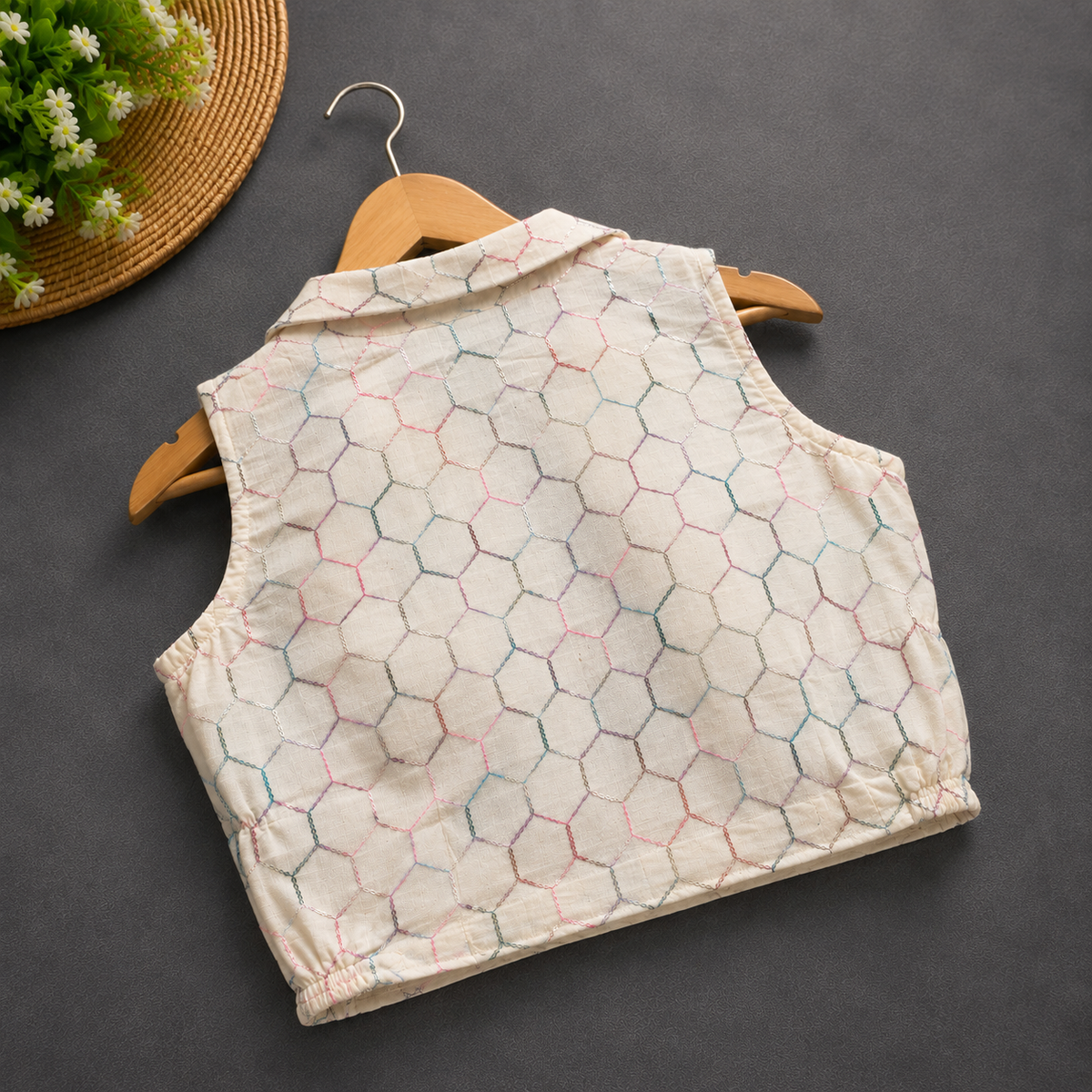Multicolor Honeycomb Embroidered Cotton Blouse