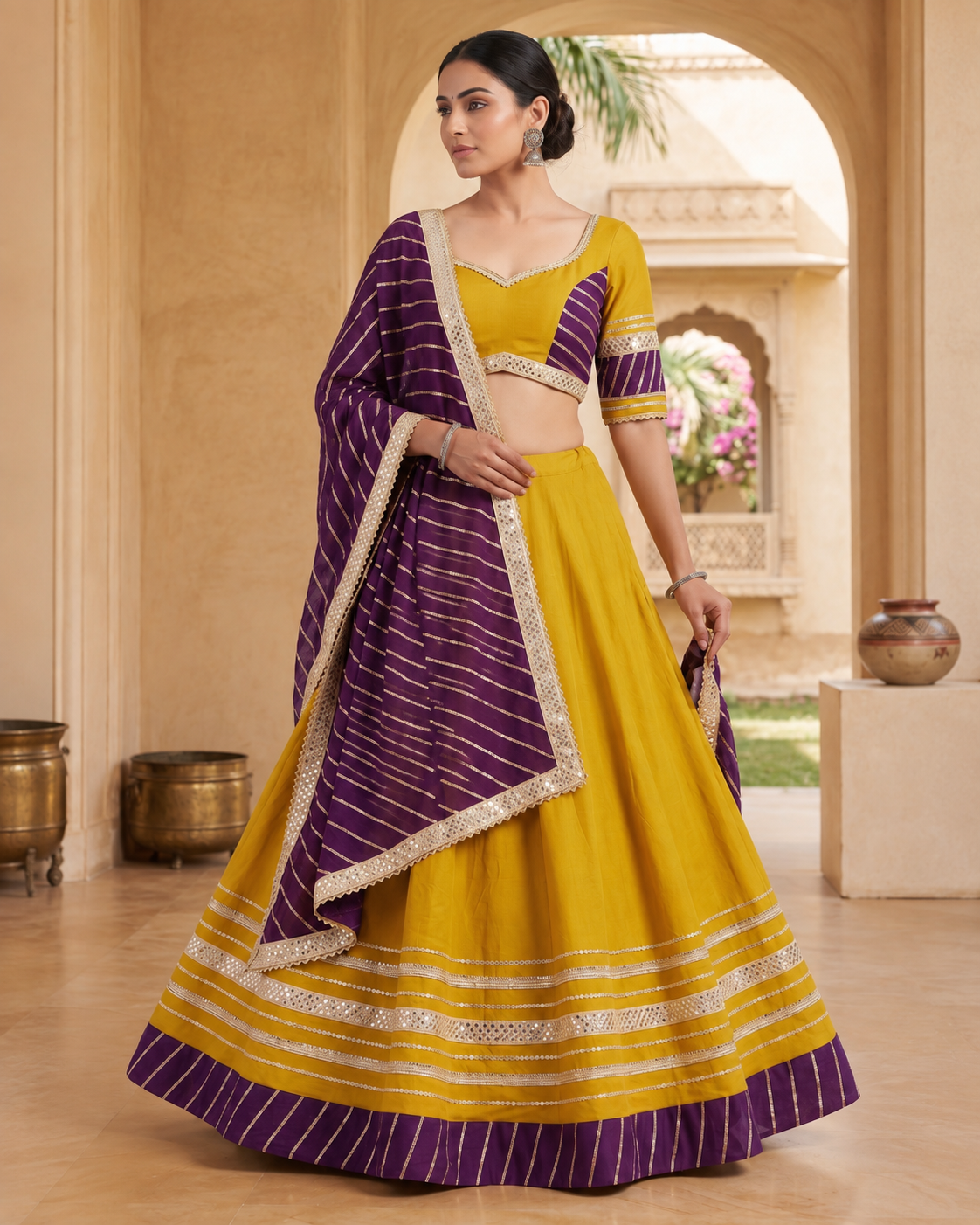 Mehendi Yellow & Purple Mirror Work Lehenga Choli Set