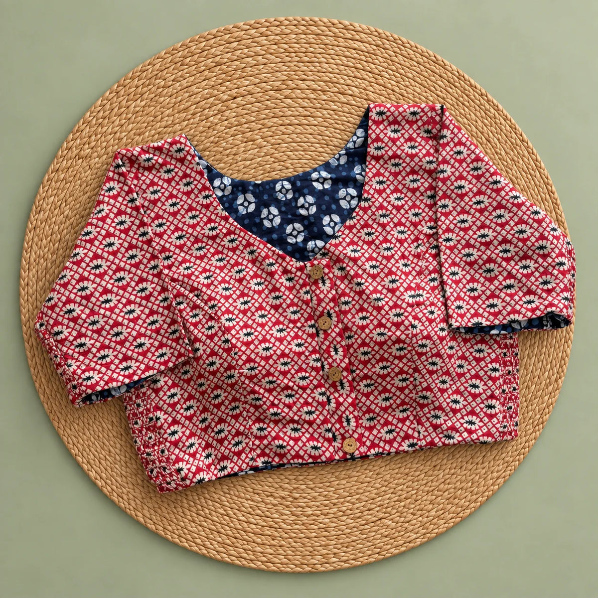 Reversible Ruby Floral Lattice Ajrakh Blouse