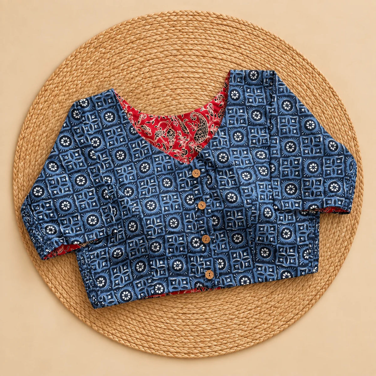 Reversible Indigo Tile Mosaic Ajrakh Blouse