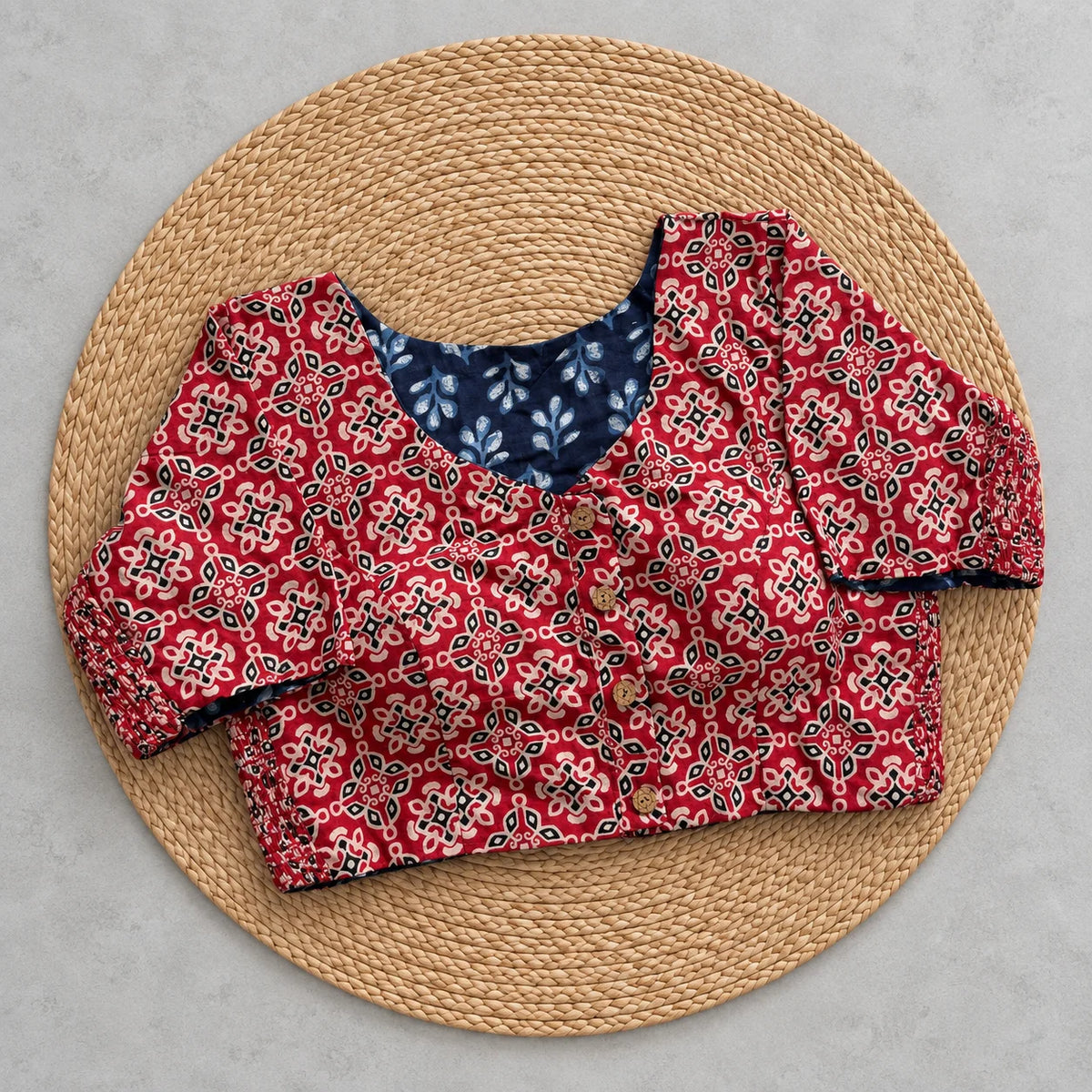 Reversible Crimson Geometric Floral Ajrakh Blouse
