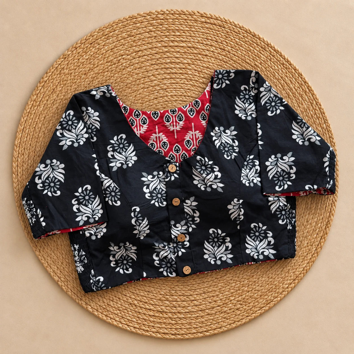Reversible Noir Ivory Floral Ajrakh Blouse
