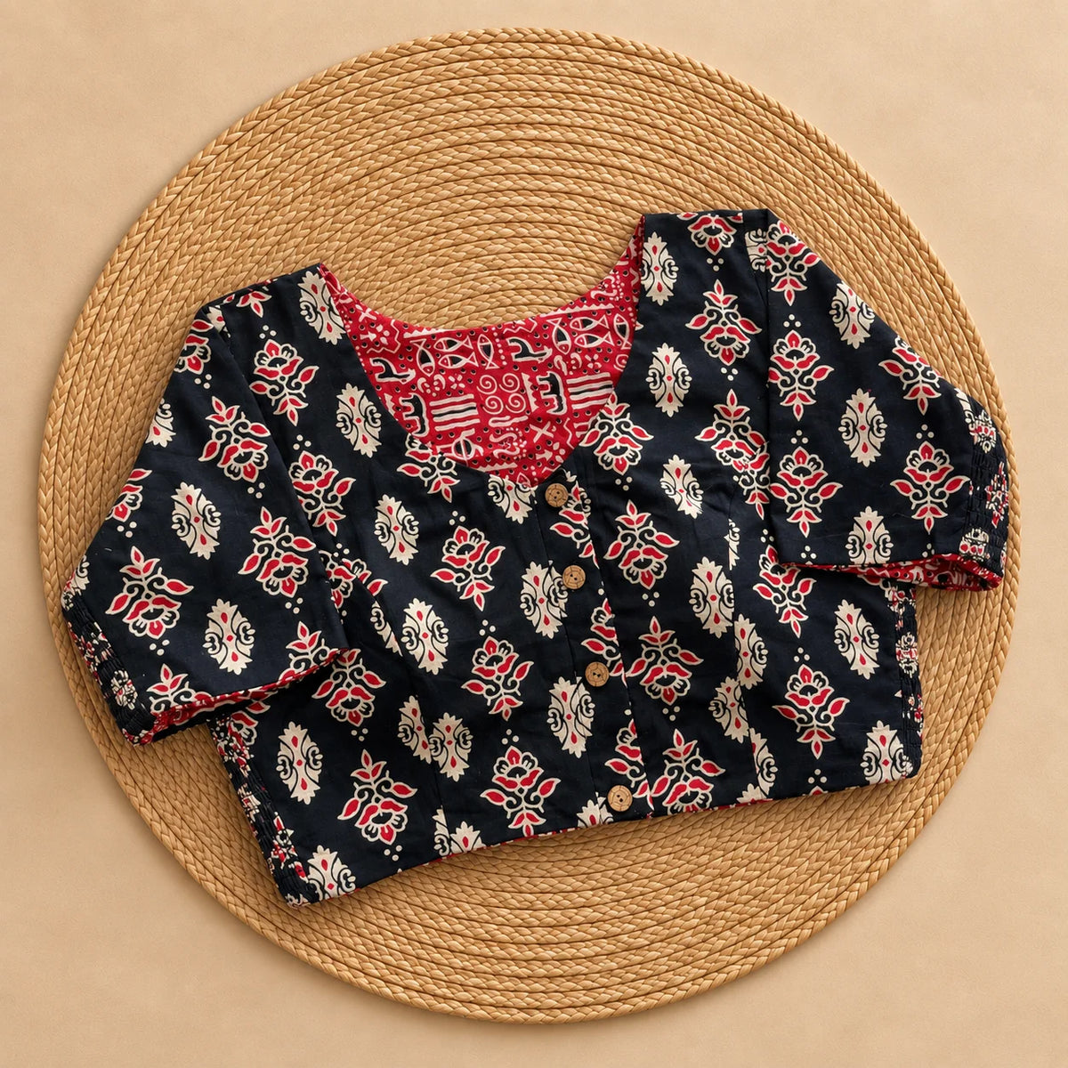 Reversible Noir Folk Floral Ajrakh Blouse