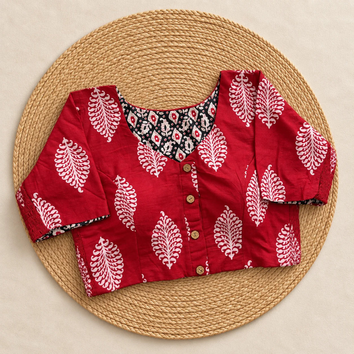 Reversible Crimson Botanical Ajrakh Blouse
