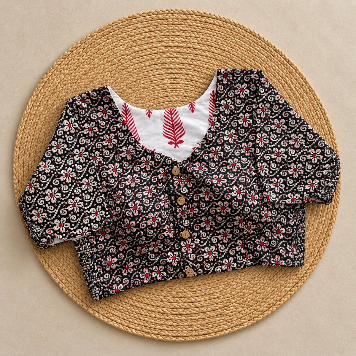 Reversible Noir Floral Scroll Ajrakh Blouse