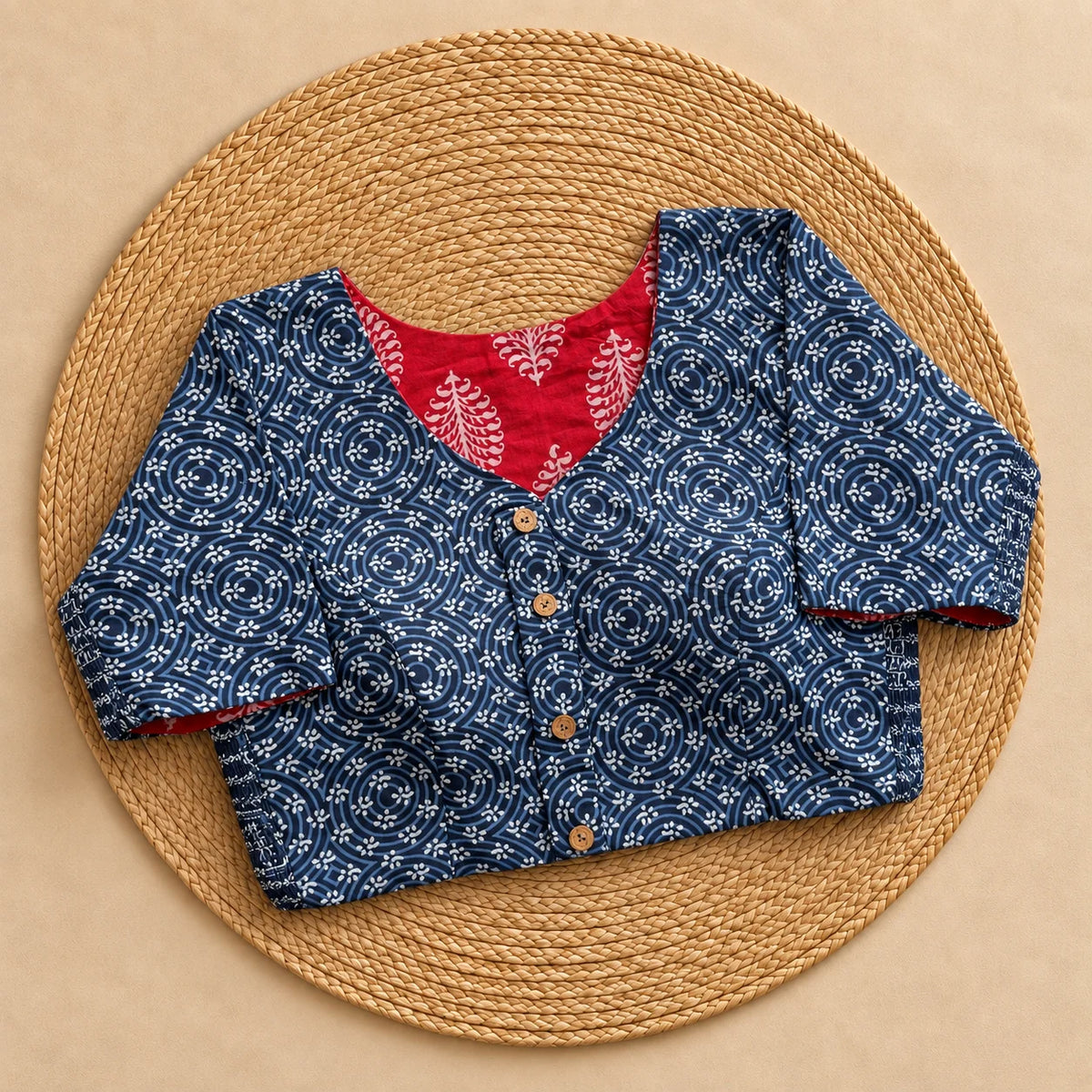 Reversible Indigo Circle Motif Ajrakh Blouse