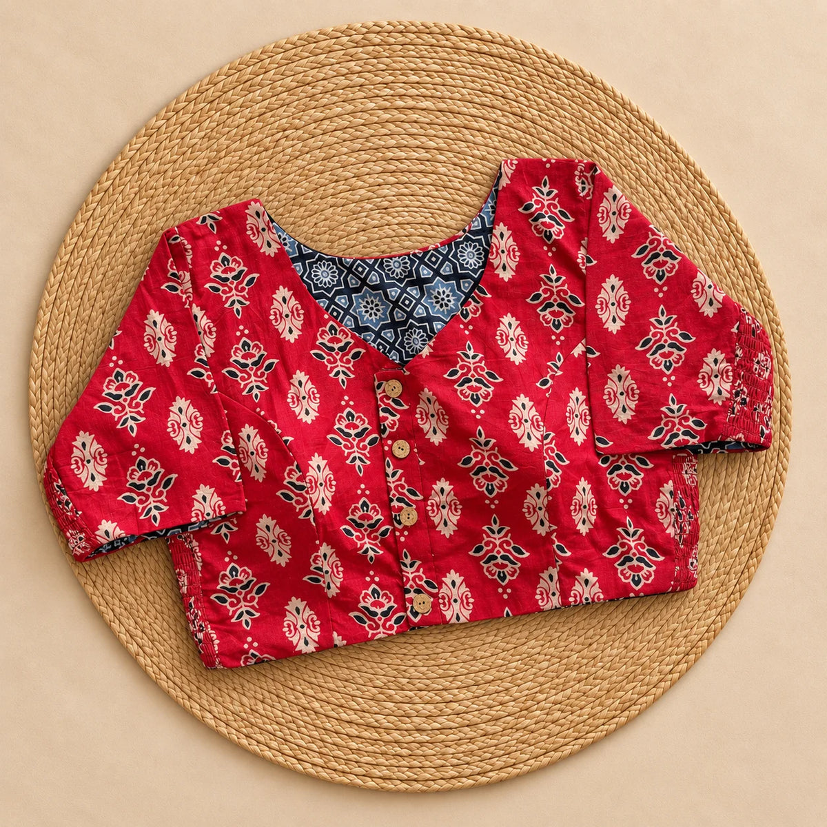 Reversible Crimson Folk Floral Ajrakh Blouse