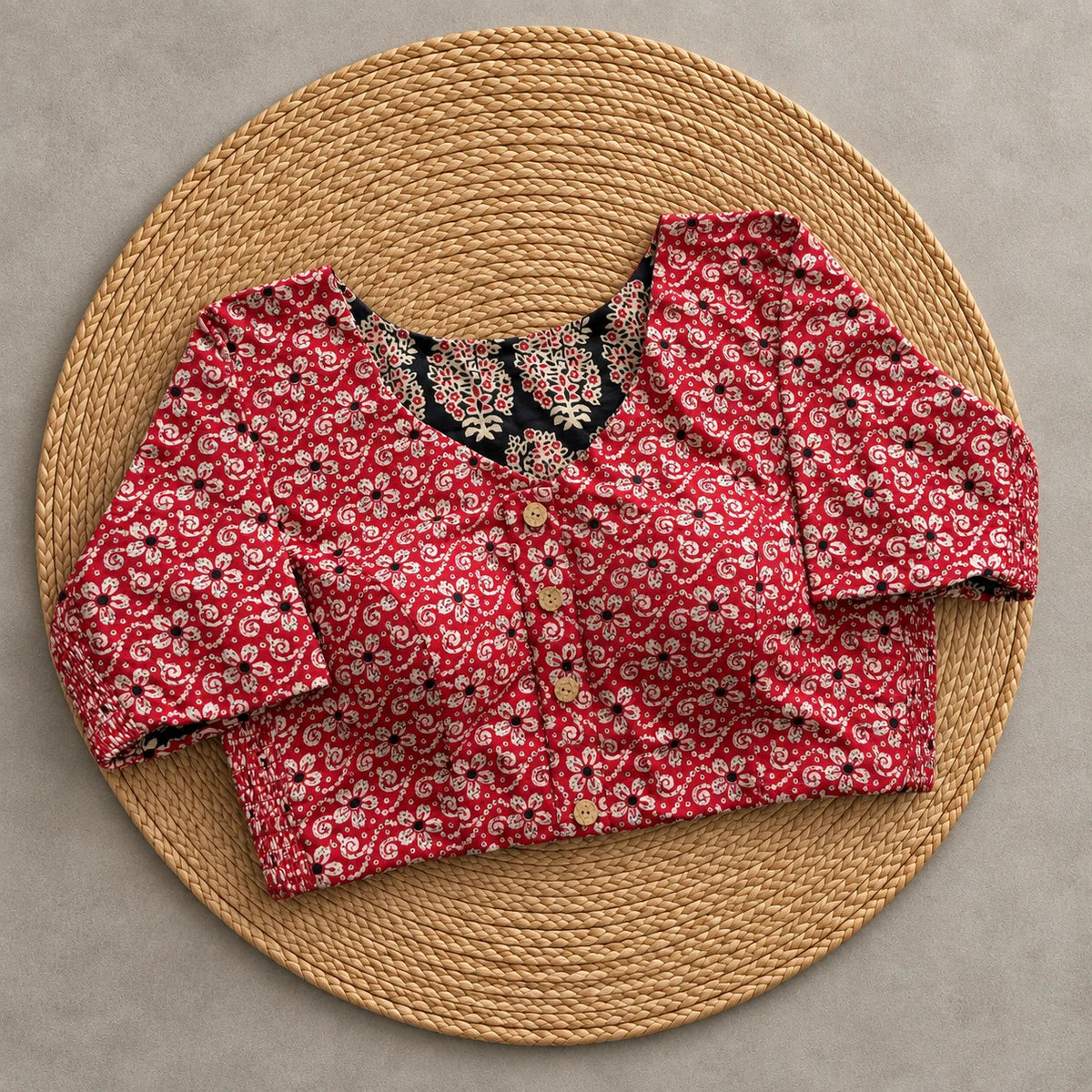 Reversible Ruby Floral Scroll Ajrakh Blouse
