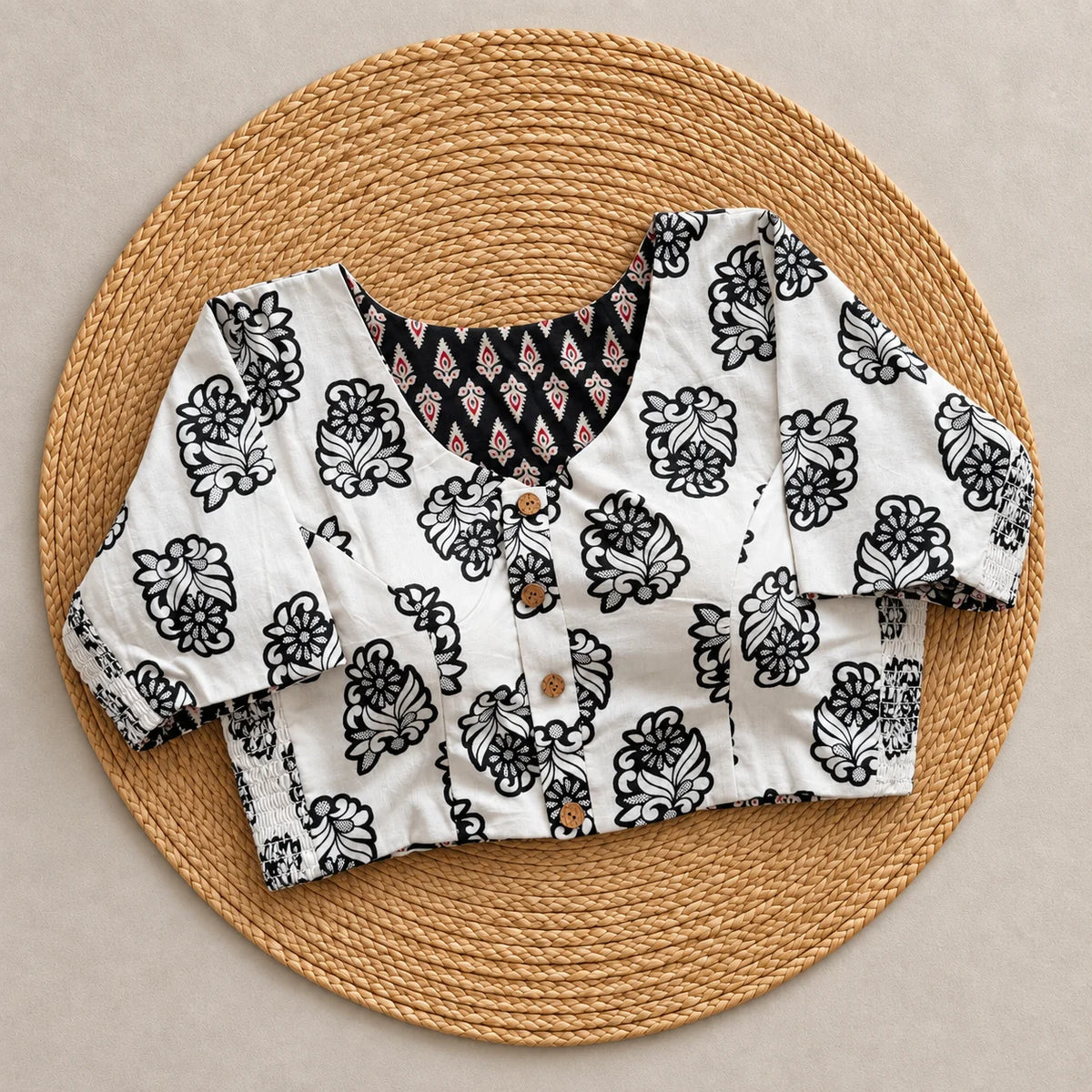 Reversible Ivory Black Floral Ajrakh Blouse