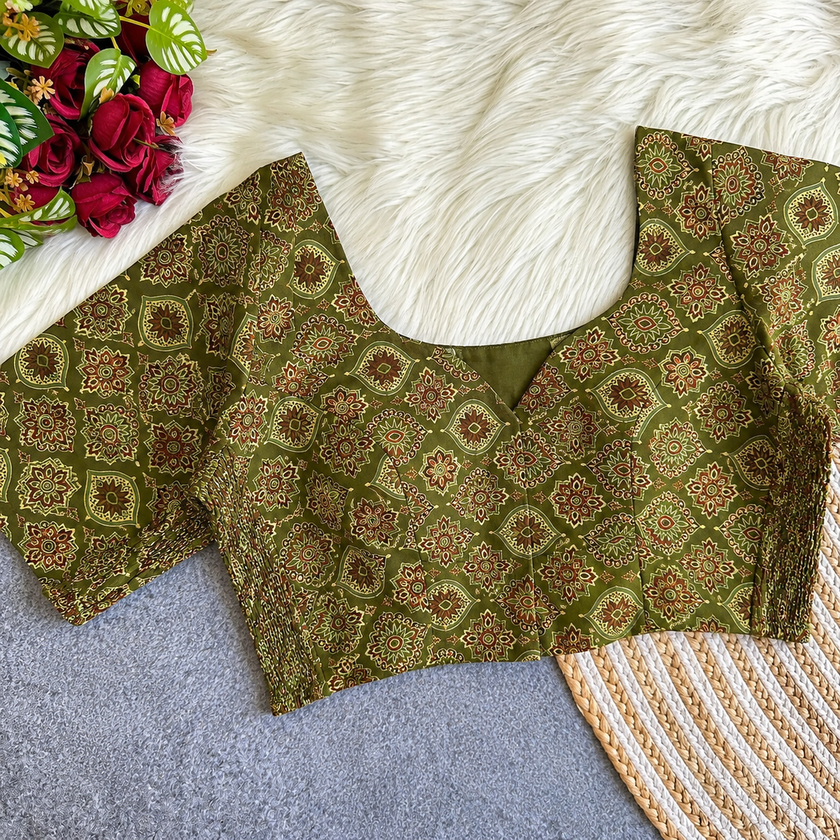 Ajrak Rangoli Blouse – Olive Green