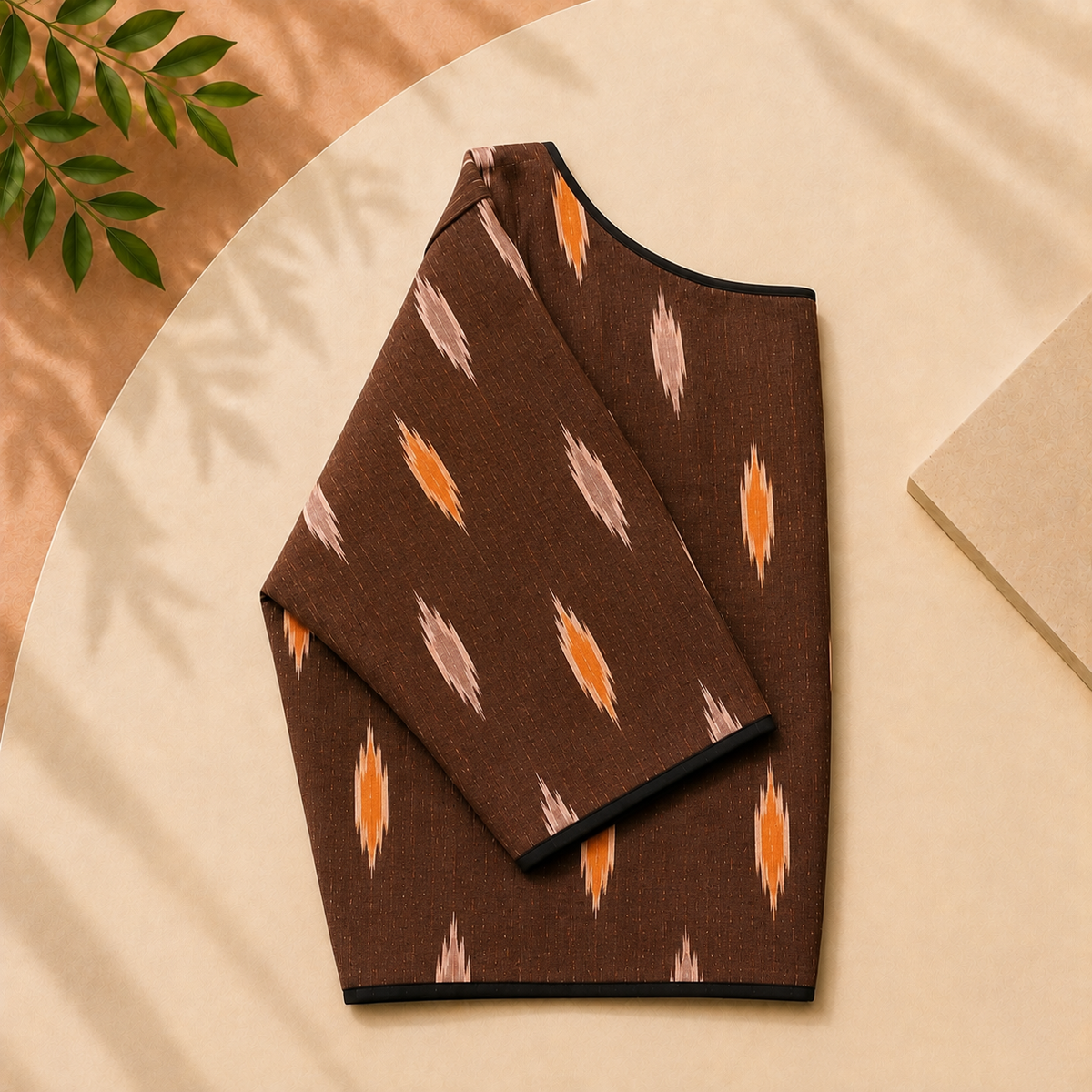 Ikkat Motif Boat Neck Blouse — Brown
