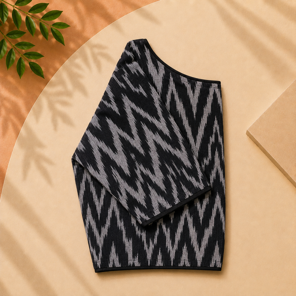 Ikkat Brushstroke Pattern Boat Neck Blouse — Black