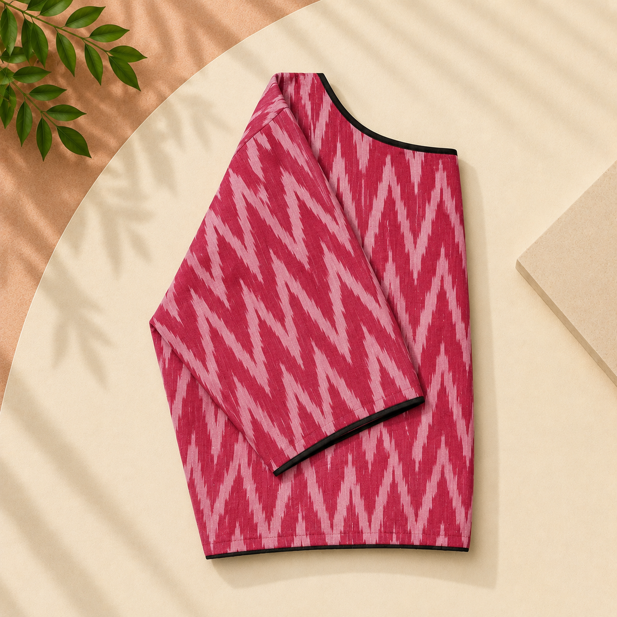 Ikkat Chevron Pattern Boat Neck Blouse — Pink