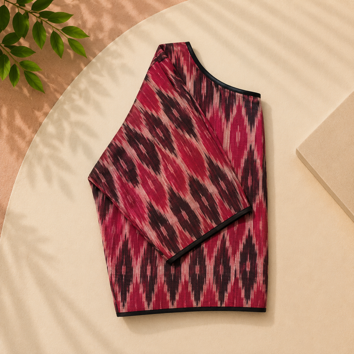 Ikkat Geometric Pattern Boat Neck Blouse — Red