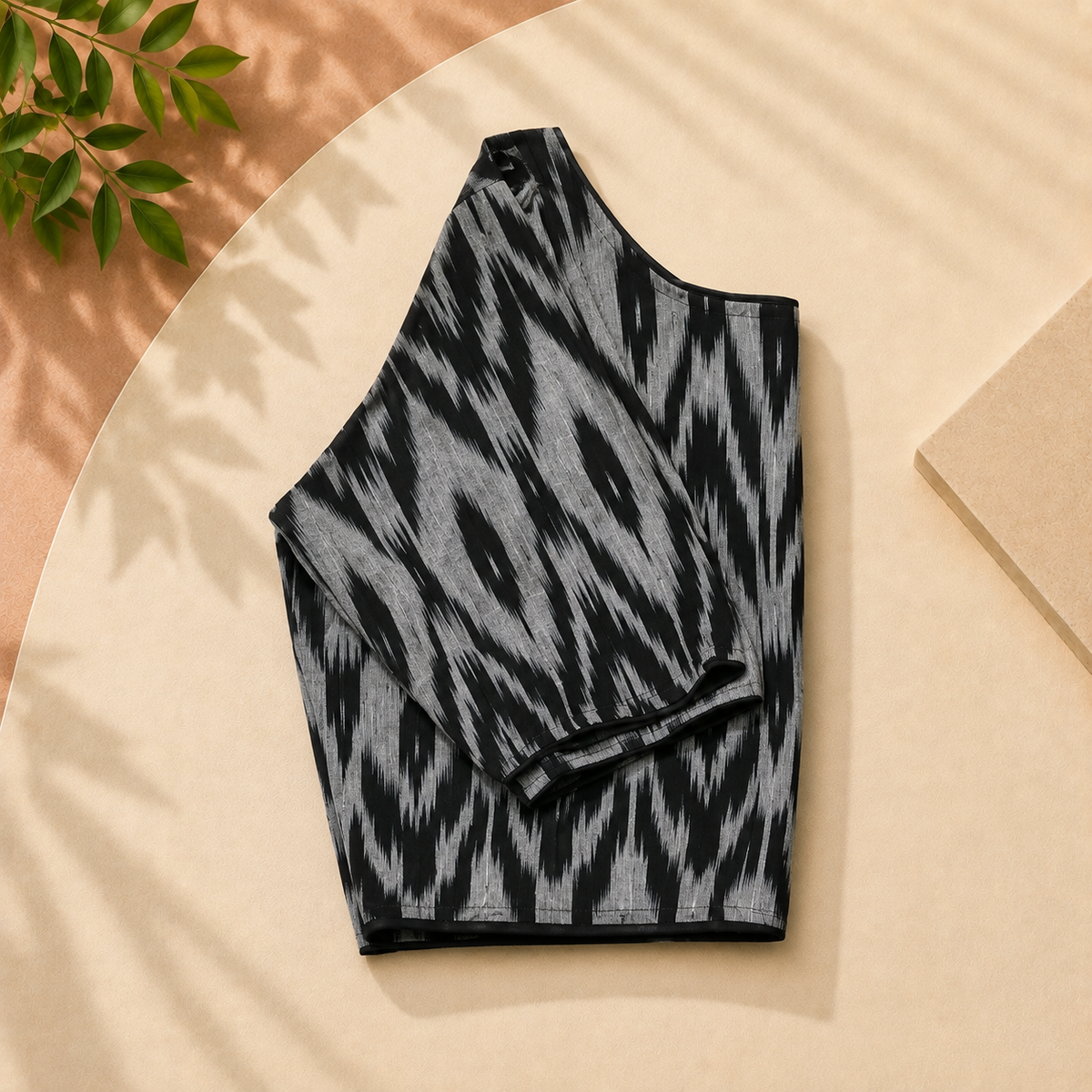 Ikkat Abstract Pattern Boat Neck Blouse — Black & Grey
