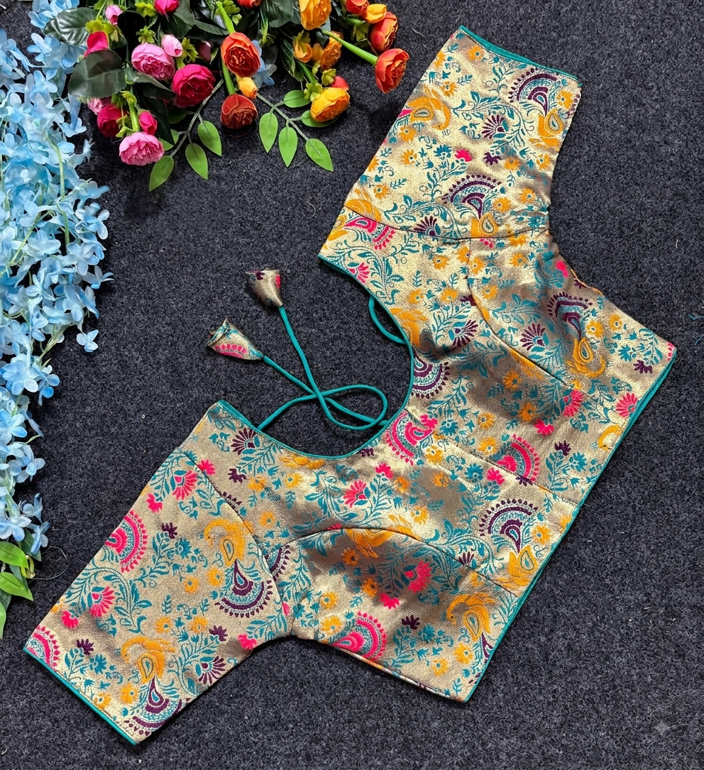 Teal Floral Paithani Blouse