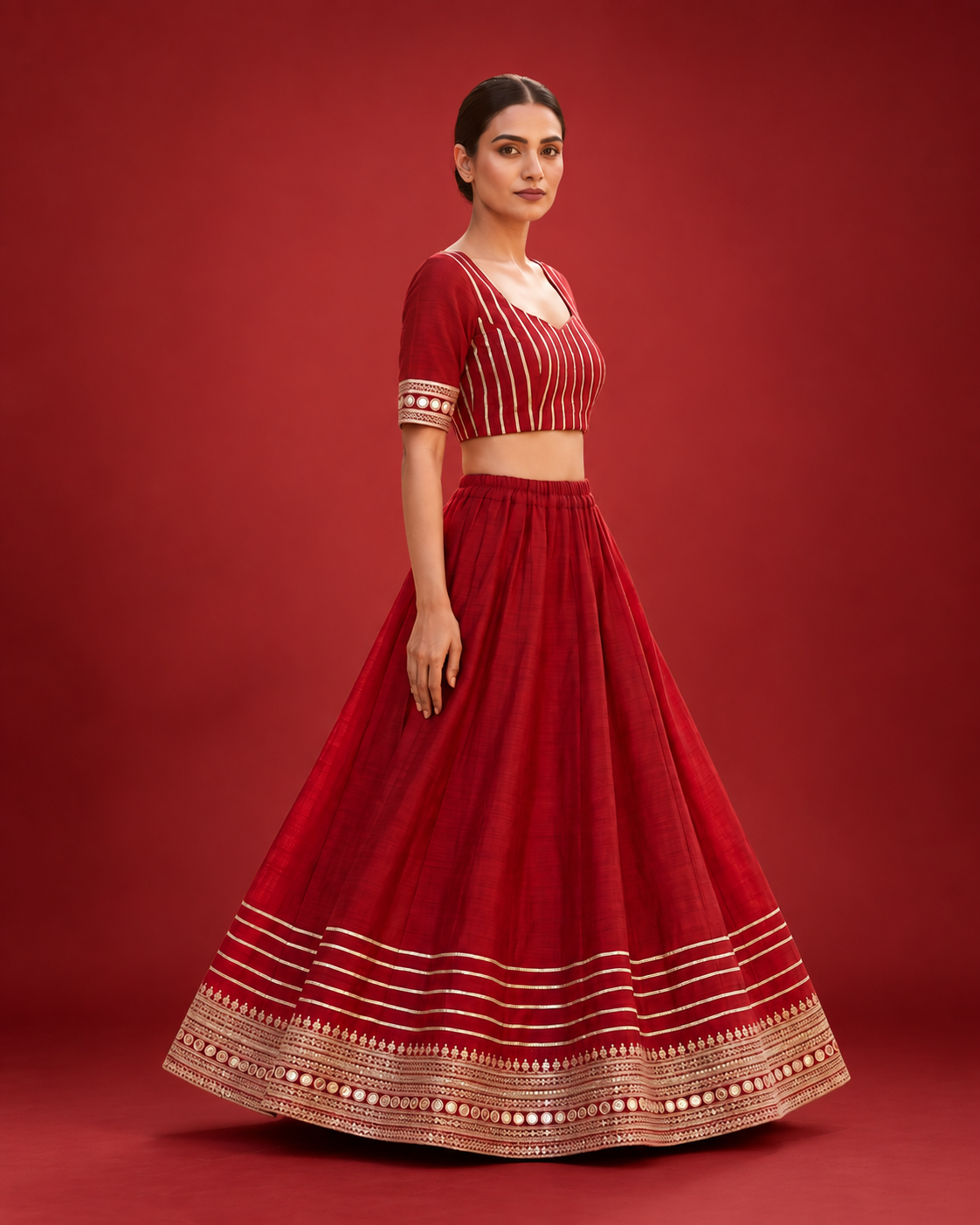 Red Festive Embroidered Lehenga Choli Set with Golden Lace