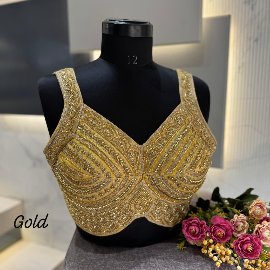 Western Pattern Heavy Handwork Sleeveless Blouse - Gold Color