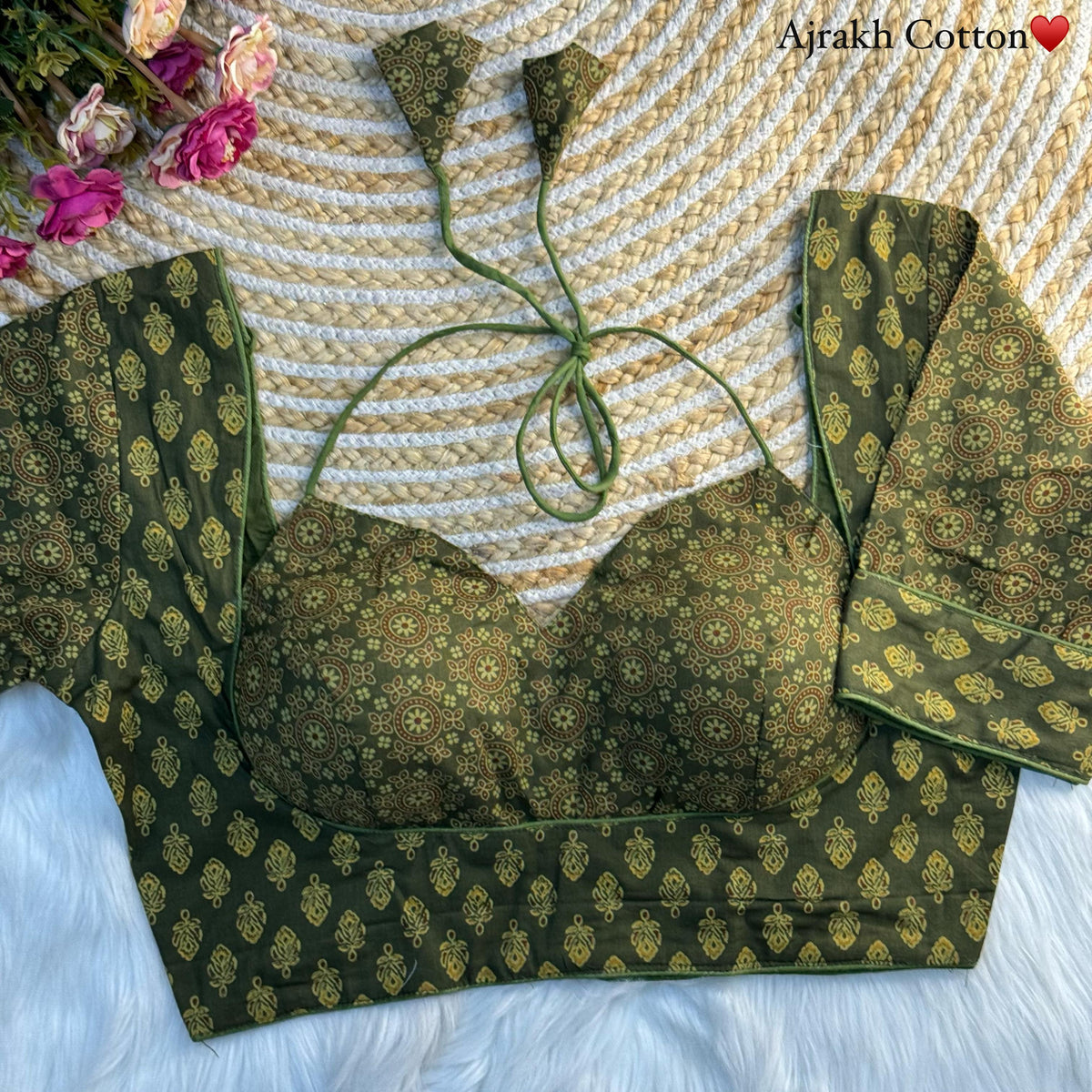 Masaba Style Olive Green Ajrakh Cotton Blouse
