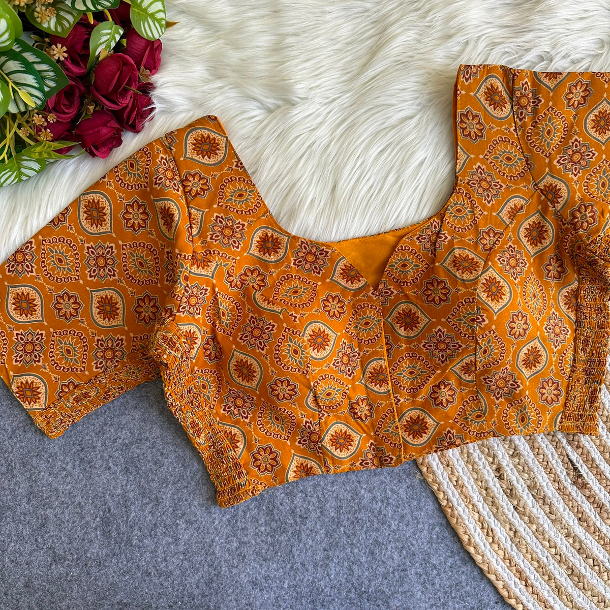 Ajrak Kesariya Elastic Blouse – Mustard