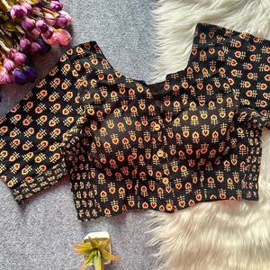 Ajrak Print Side Elastic Blouse - Black Color