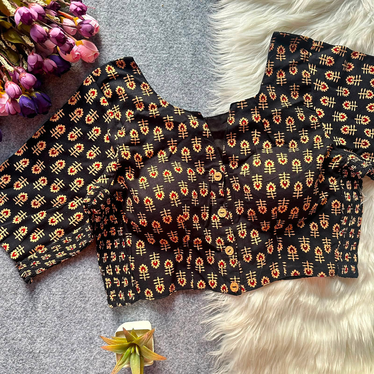 Ajrak Print Side Elastic Blouse - Black Color