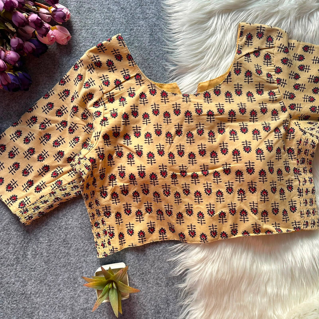 Ajrak Print Elastic Blouse - Mustard Beige Color