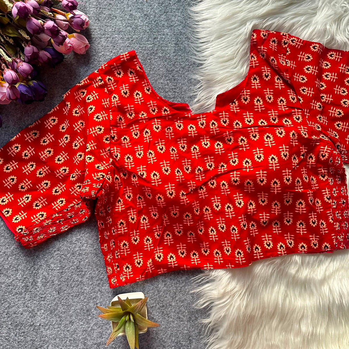 Ajrak Print Elastic Blouse - Red Color