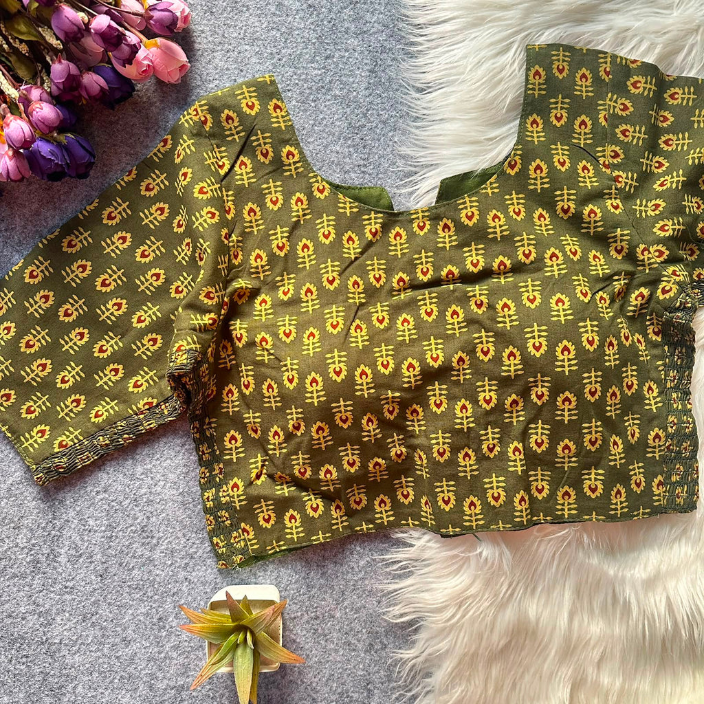 Ajrak Print Elastic Blouse - Mehendi Green Color