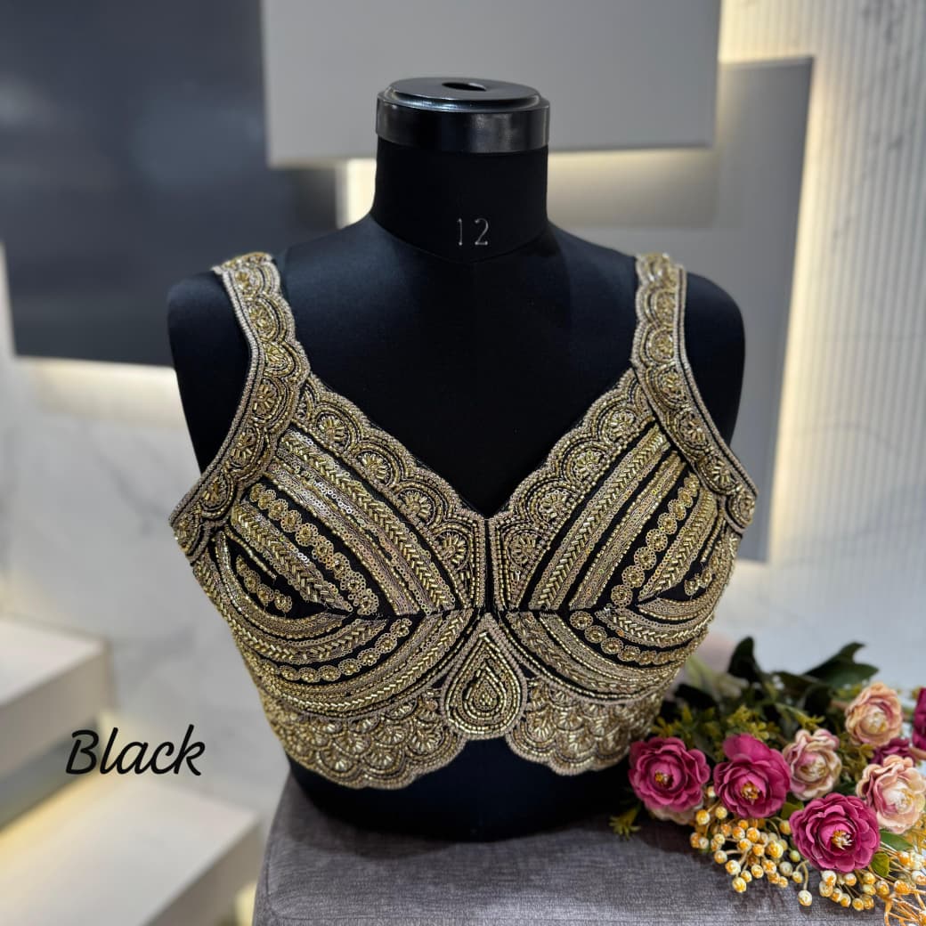Western Pattern Heavy Handwork Sleeveless Blouse - Black Color