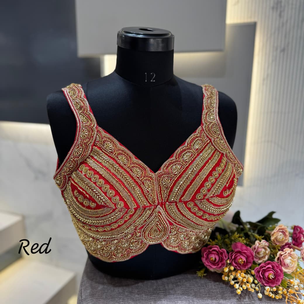 Western Pattern Heavy Handwork Sleeveless Blouse - Red Color