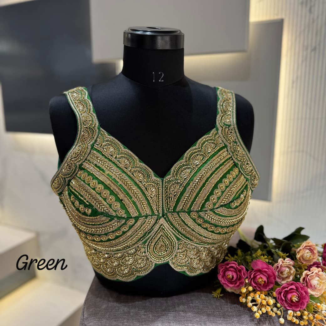Western Pattern Heavy Handwork Sleeveless Blouse - Green Color