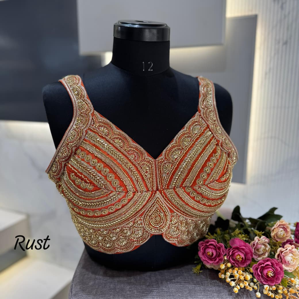 Western Pattern Heavy Handwork Sleeveless Blouse - Rust Color