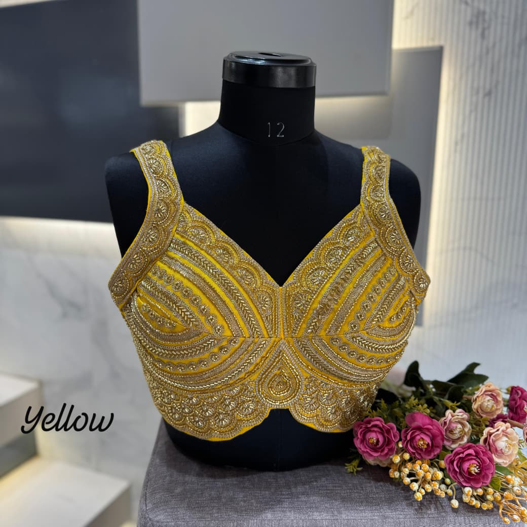 Western Pattern Heavy Handwork Sleeveless Blouse - Yellow Color