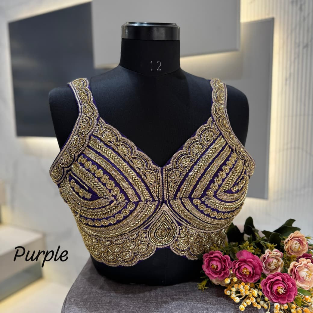 Western Pattern Heavy Handwork Sleeveless Blouse - Purple Color