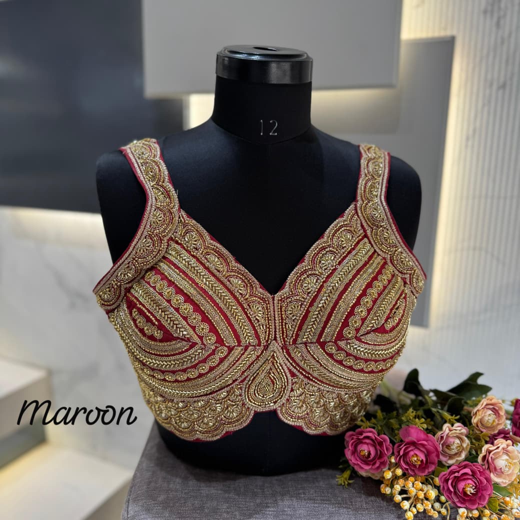 Western Pattern Heavy Handwork Sleeveless Blouse - Maroon Color