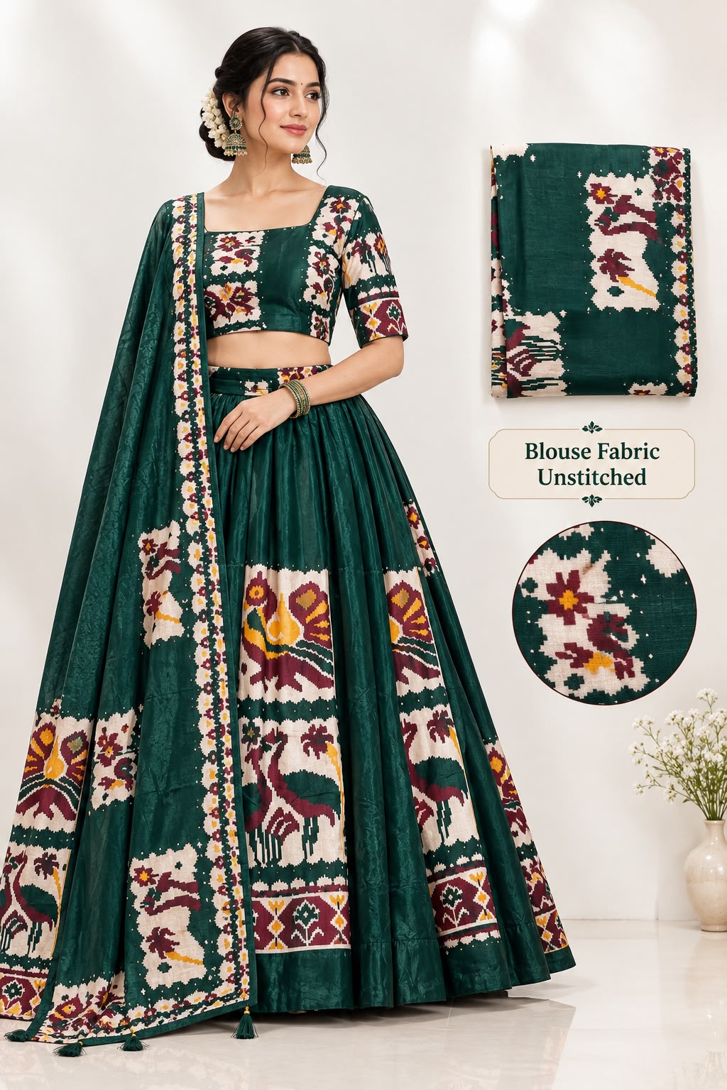 Bottle Green Patola Print Lehenga Choli Set with Dupatta