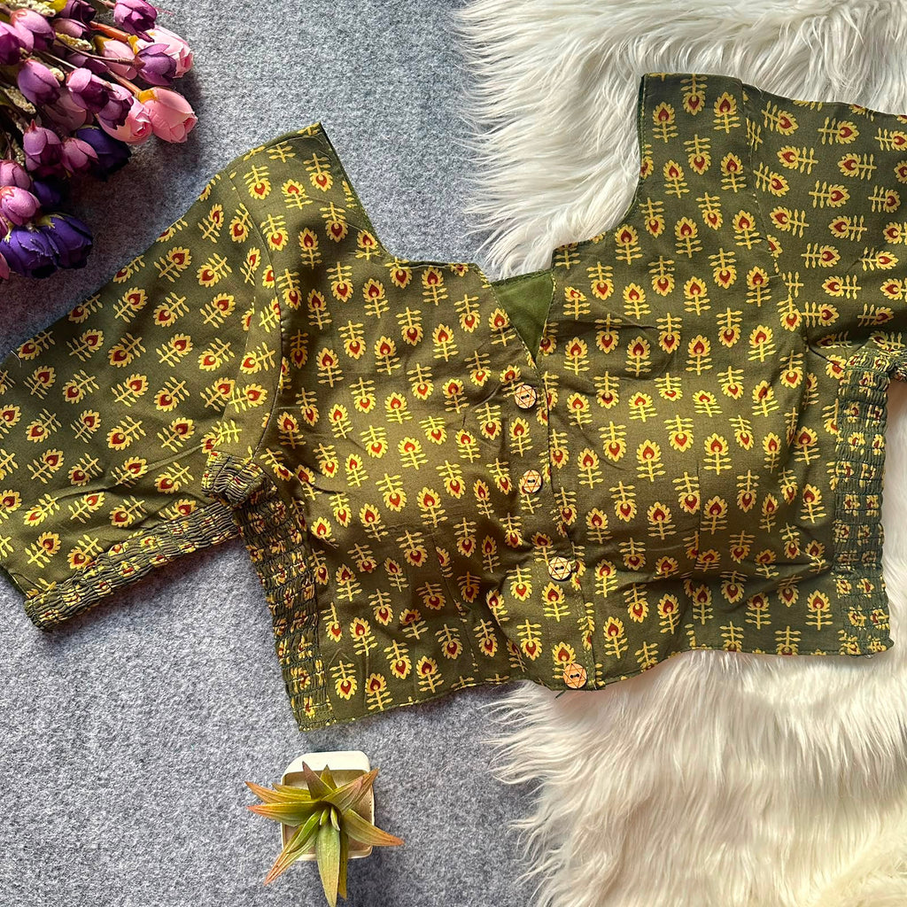 Ajrak Print Elastic Blouse - Mehendi Green Color