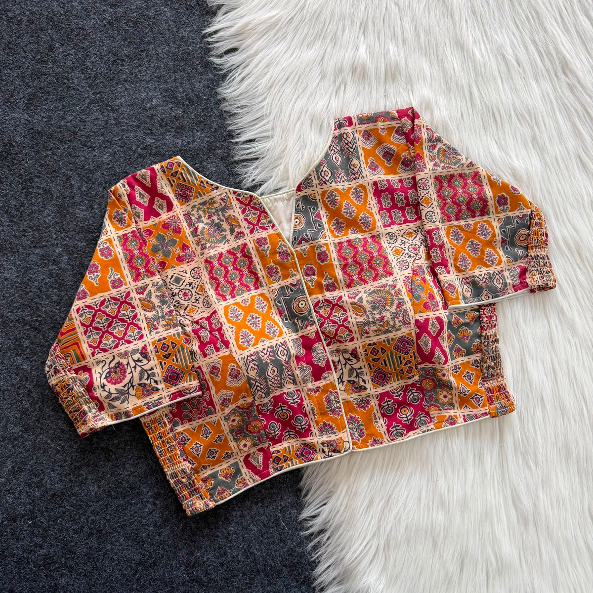 Ajrak Heritage Patchwork Blouse – Mustard Green