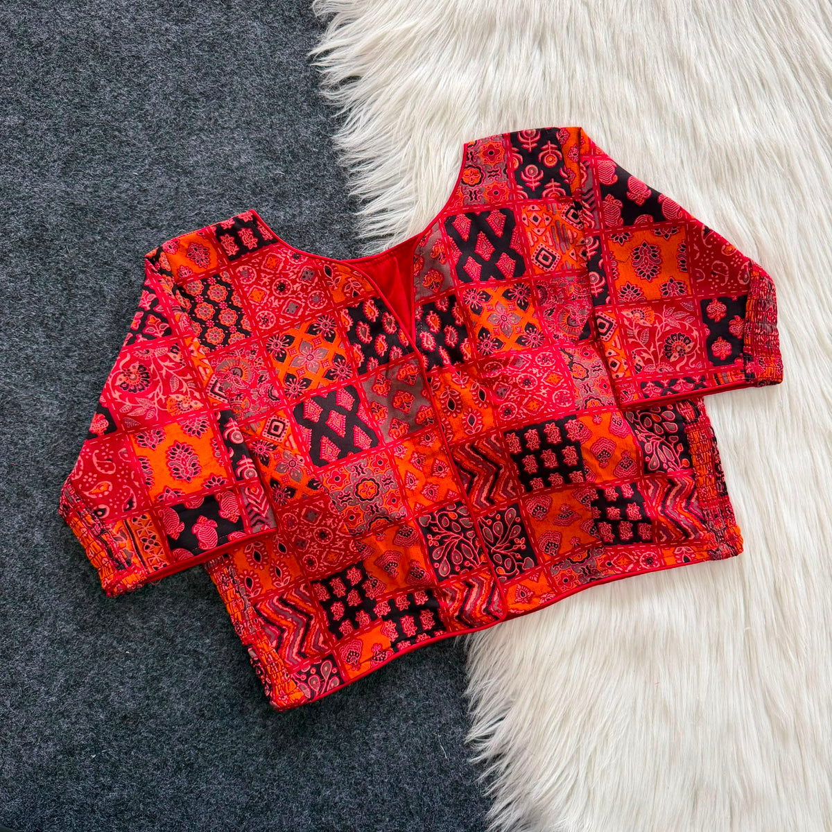 Ajrak Heritage Patchwork Blouse – Rust & Wine