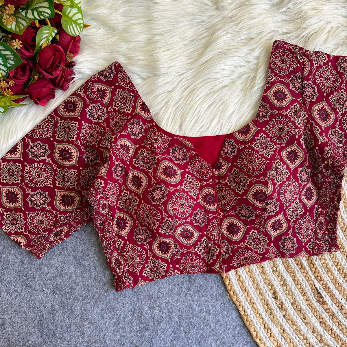 Ajrak Gulnaar Elastic Blouse – Maroon