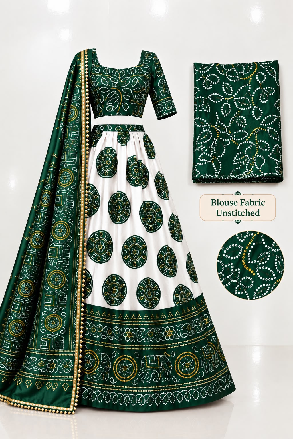 Bandhani Printed Lehenga Set with Unstitched Blouse