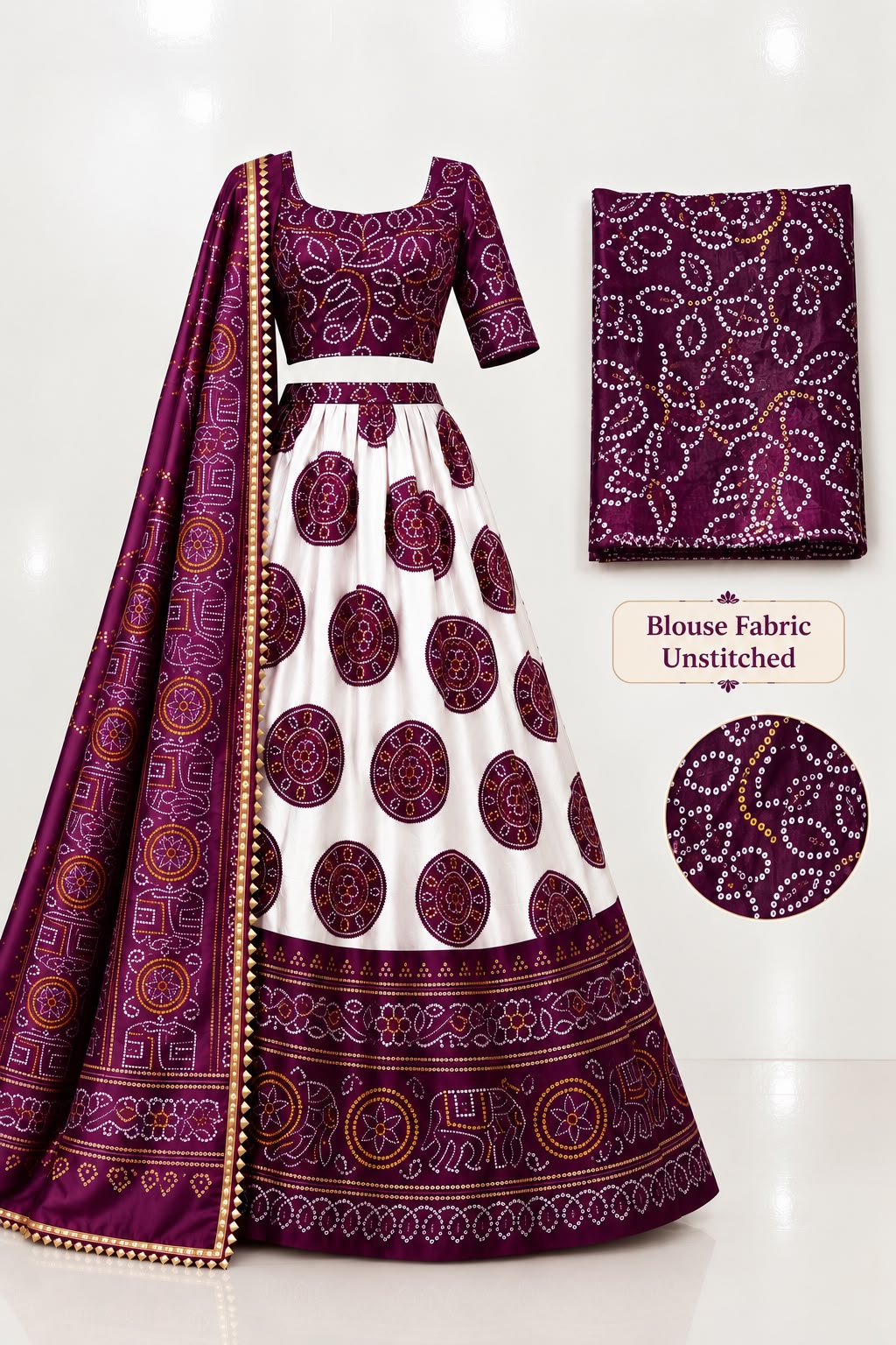 Bandhani Printed Lehenga Set with Unstitched Blouse