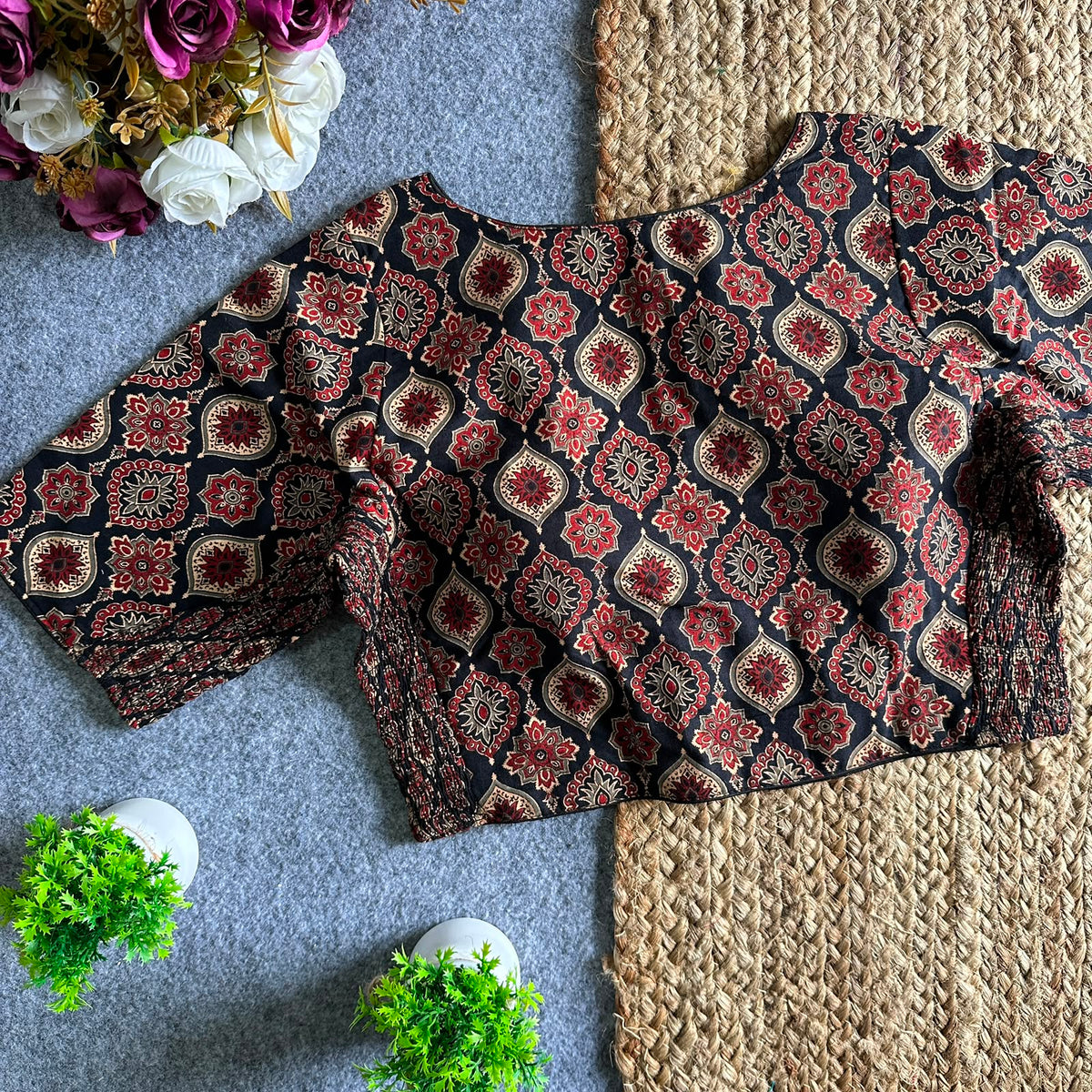 Ajrakh Print Ready Made Blouse – Black