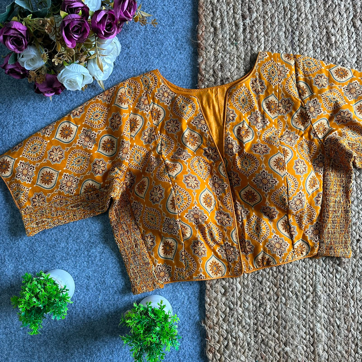 Ajrakh Print Ready Made Blouse –  Mustard Yellow